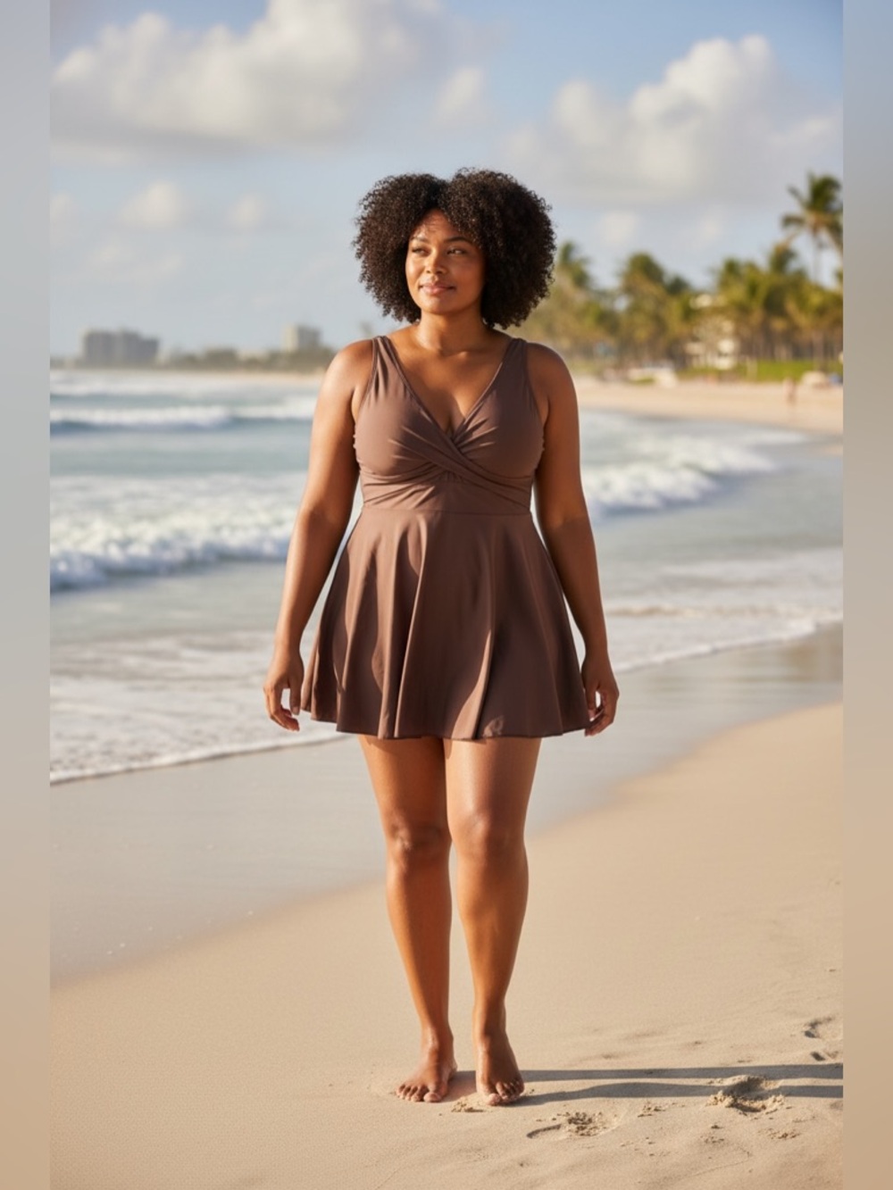 NWT Plus Size 18W Swim Dress One Piece Swimsuit Brown Tummy Control Summer Beach